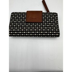 Fossil Womens Wallet Black Geometric Leather Zipper Pocket /Card Slots EUC A5
